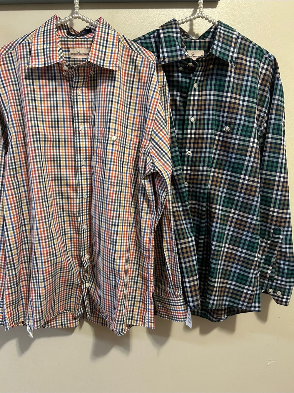 Lot of 2 Cotton Brothers Men's Large Plaid Button Down Shirts 100% Cotton L Wrin